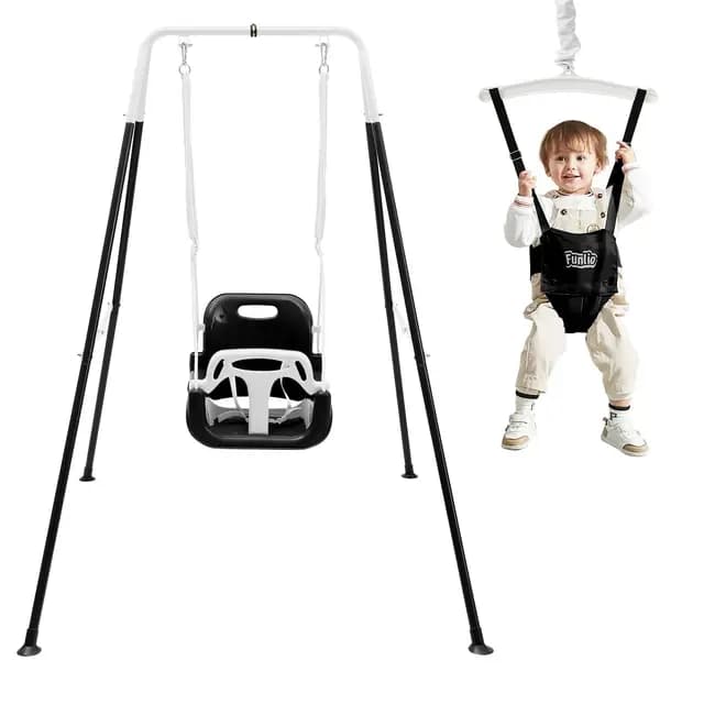 FUNLIO Juego de Columpios 2 en 1 con Saltador de Puerta para Bebés, Columpio y Rebotador para Niños de con 4 Bolsas de Arena, Soporte de Metal Plegable en Interiores/Exteriores, Fácil de Armar - Negro