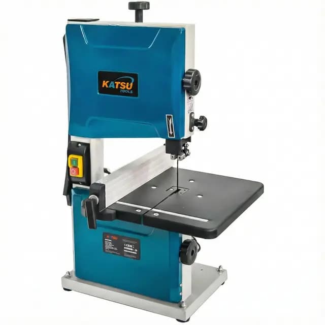 KATSU Tools Sierra de cinta de banco de 200 mm y 350 W, sierra de cinta eléctrica para carpintería, mesa de trabajo de metal inclinable a 45° para cortes a inglete, hoja incluida 100555