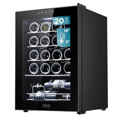 Cecotec Vinoteca, Nevera para Vinos de 20 Botellas Bolero GrandSommelier 2050 Black Compressor. Temperatura ajustable de 5-18ºC, Alto rendimiento, Funcionamiento silencioso y sin Vibraciones
