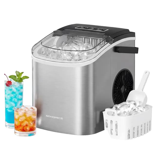 SONGMICS Máquina de Hielo, Máquina de Cubitos Autolimpiante, 9 Cubitos en 6 Minutos en 2 Tamaños, 12 kg en 24 Horas, Portátil, Casa, Cocina, Oficina, Fiestas Camping, Gris Plateado XZB001E1EU