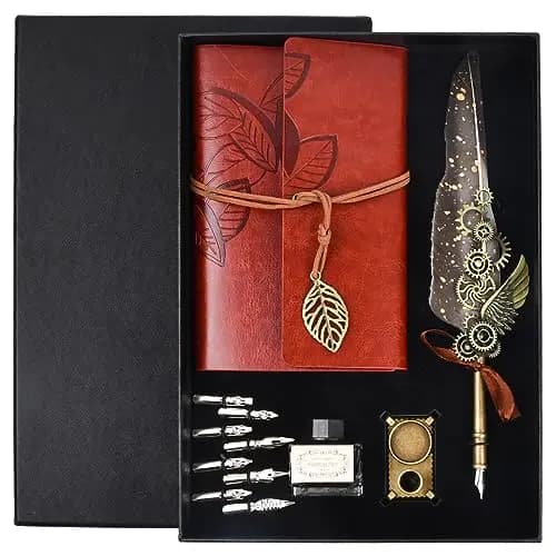 volumoon 12 Piezas Juego de Pluma Inmersión, Pluma de Escribir Vintage, Set de Plumas Caligrafía con 8 Puntas Adicionales, Tinta, Cuader Cuero y Titular Pluma, para Caligrafía Escritura Dibujo Regalo