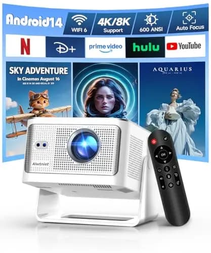 Alwtniet Proyector Portatil 4K 8K, Native Full HD 1080P Mini Projetor Android 14, WiFi 6 Bluetooth 5.4, Autoenfoque 6D Auto Keystone 180° Rotación para Cine Móvil en Casa Smart TV Tiro Ultra Corto