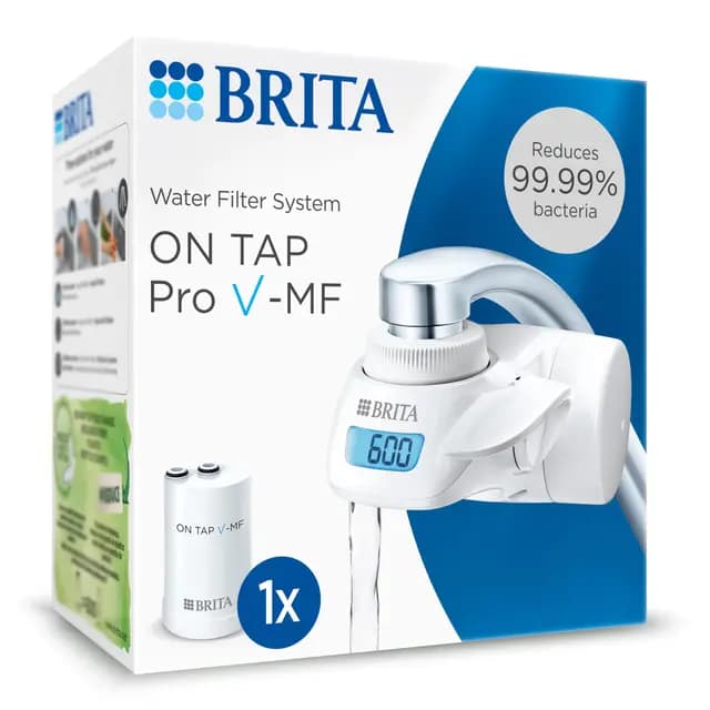 BRITA Sistema de filtrado de agua ON TAP Pro V-MF incl. 1x cartucho filtrante (600L) - para un 99,99% de agua libre de bacterias, reduciendo PFAS, incl. cuenta atrás digital LCD de capacidad