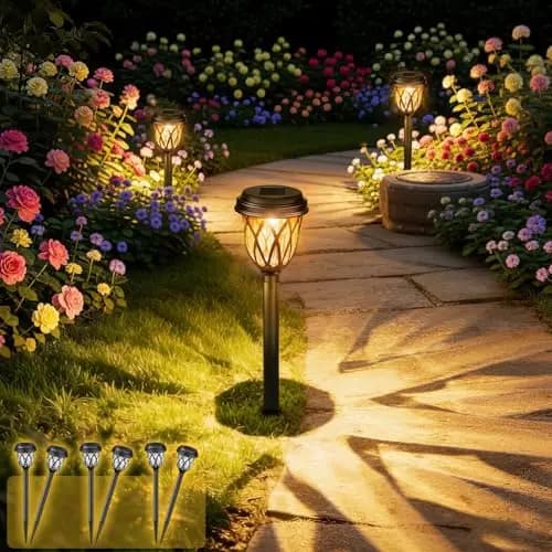 SCNNC Luces Solares LED Exterior Jardin Blanco Cálido, 6 Piezas Impermeable Luz Solar Exterior Jardin Estaca Decorativa para Jardín Caminos Césped Patios Paisajes Pasillo Pasarela