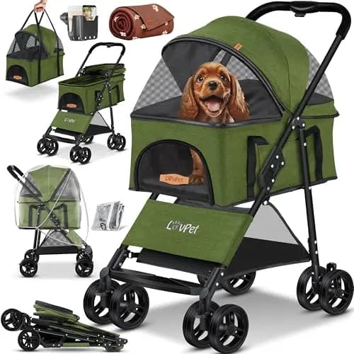 LOVPET Cochecito para perros 2 en 1, bolsa de transporte, plegable, hasta 20 kg, con ventana de red, soporte para bebidas, cubierta de lluvia y manta para correr para mascotas