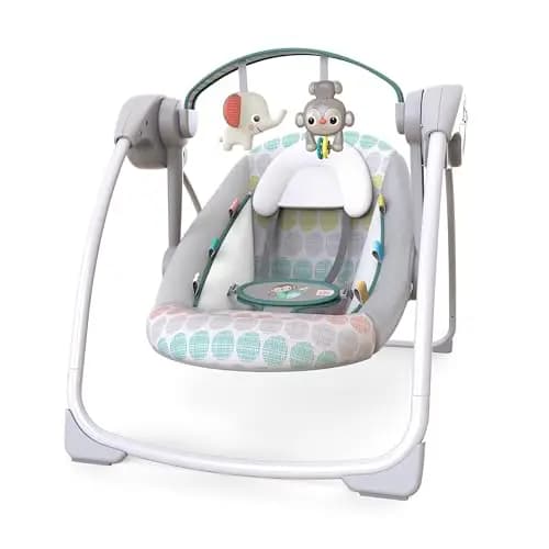 Bright Starts, Columpio Automático Portátil de 6 Velocidades con Velocidad Adaptable, Taggies, Música, Barra de Juguetes Extraíble, 0-9 Meses 6-20 lbs (Whimsical Wild)