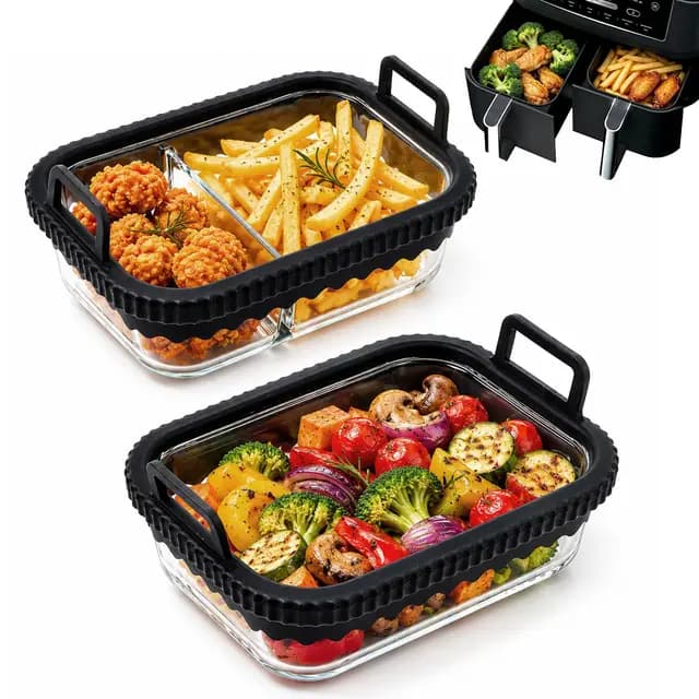 2er Set Accesorios Airfryer – Molde de Vidrio para Ninja AF400EU/DZ400EU/AF500EU/COSORI, Dividido y No Dividido, con Anillo de Silicona Desmontable y Asa – Recipiente Cristal Air Fryer
