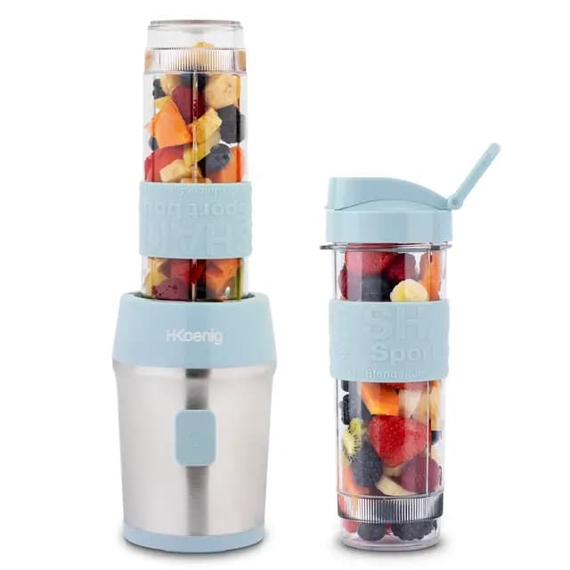 H.Koenig Mini batidora de vaso 570mL SMOO16-300W, 4 cuchillas de acero inoxidable, sin BPA, 2 botellas portátiles de viaje, batidos y smoothies