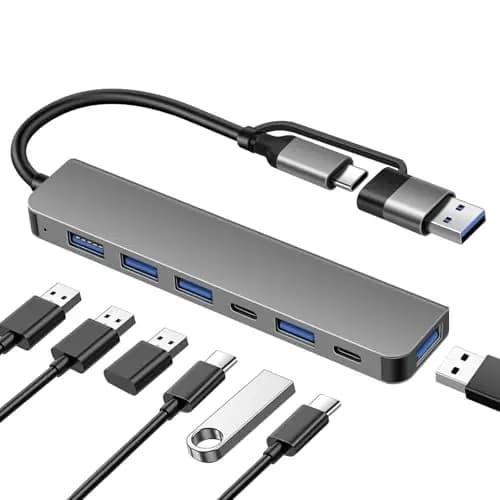 DEMKICO Hub USB 7-en-1 de Doble Conector, USB-A y USB-C, 1× USB 3.0, 4× USB 2.0, 2× Puertos de Datos USB-C, Adaptador Multi-Dispositivo de Alta Velocidad para Portátiles, Tabletas y Teléfonos