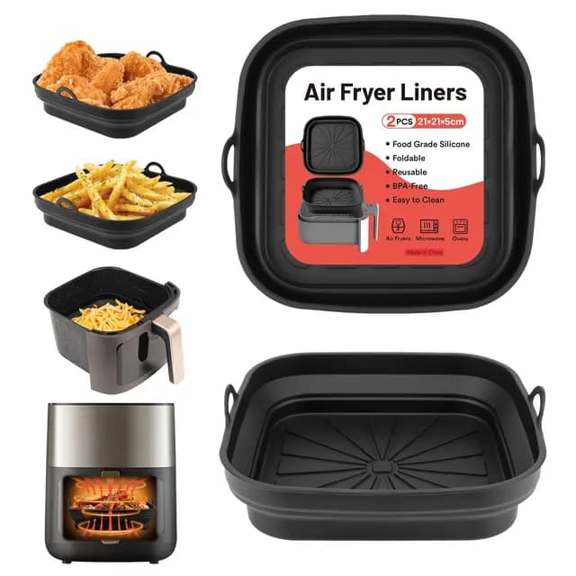Alyvisun Moldes Silicona Freidora de Aire, 2 Piezas Bandeja Accesorios para Freidora sin Aceite Reutilizable Recipientes Cuadrado Cesta Utensilios para Air Fryer, Microondas, Horno (Negro)