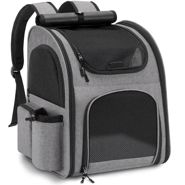 Mochila para Gatos Perros, Mochila Transportin Gato Perro 10kg, Ventanas de Malla Transpirable Bolso para Perros Pequeños Gatos Mascotas con Correa de Seguridad y Alfombra para Mascotas - Gris