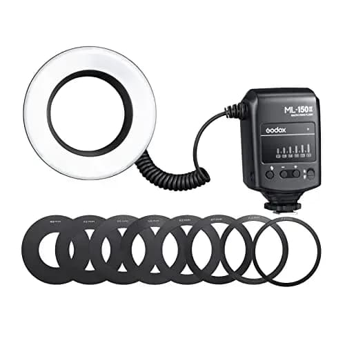 Godox ML-150II,Luz de flash para macro, universal, 11 niveles de brillo, 5800 K ± 200 K GN12 Fast Recycle 1/200s-1/5000s, con 8 anillos adaptadores, para cámara réflex Canon Nikon Sony DSLR