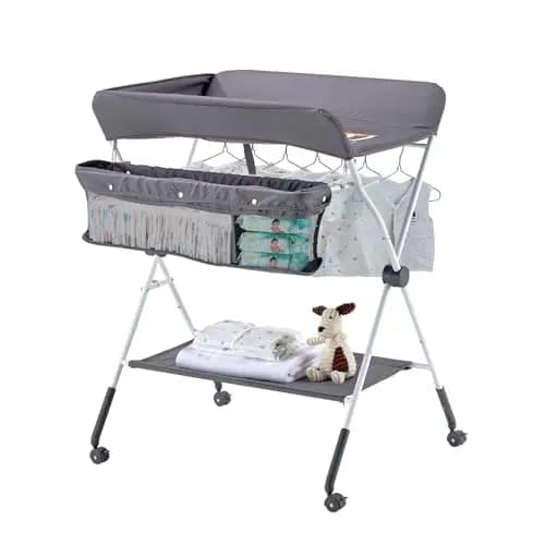VEVOR Cambiador para Bebé, Cambiador Plegable Portátil de 848 x 745 x (1030-1090) mm con Cesta Lateral, Ruedas Bloqueables, Organizador Multifuncional para Habitación Infantil, Gris Oscuro