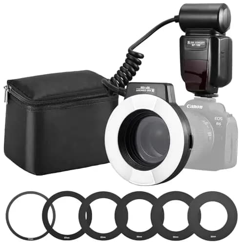 K&F CONCEPT TTL Flash anular Macro Flash anular Flashes compatibles con Canon SLR/DSLR con luz Auxiliar AF Anillos adaptadores Número guía 14