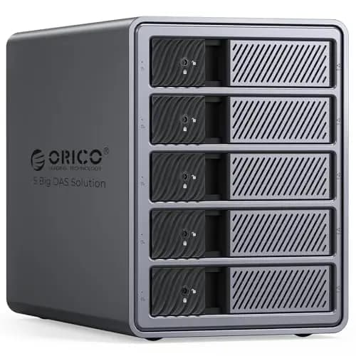 ORICO Caja de Aluminio Raid para 5 Discos Duros de 3,5 Pulgadas hasta 5X 22TB, Fuente de Alimentación de 150W Integrada, con Ventilador, Soporta Raid 0/1/5/10 (9858RU3)