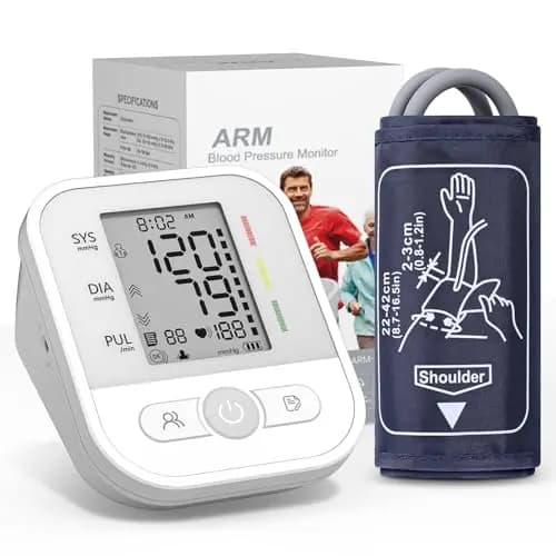 Tensiómetro de Brazo Monitor de Presión Arterial Recordatorio de Arritmia y 2 Funciones de Memoria de Usuario con Pantalla LCD Brazalete Ajustable 22-42cm para Adultos Mayores y Familias