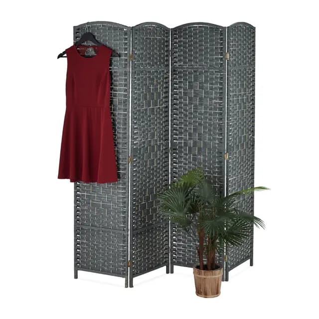 Relaxdays Biombo Divisorio, 170x160 cm, Separador Ambientes Plegable, Mampara 4 Paneles, Madera y Cuerda de Papel, Gris