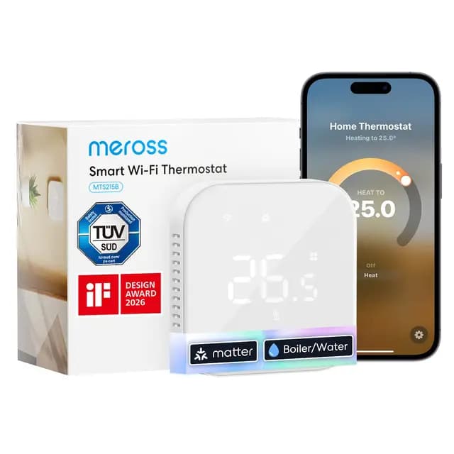 Meross Termostato Calefaccion WiFi Matter, Termostato WiFi Caldera Gas Condensación, Compatible con Alexa, Google Assistant y Siri, Sensor Externo, Detección Ventana Abierta, Bajo Consumo Programable