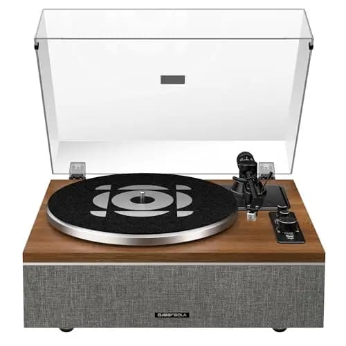 Tocadiscos de Vinilo Qlearsoul One-S Todo-en-Uno con Altavoces Integrados y DSP, Tocadiscos Vintage Bluetooth Entrada/Salida, Preamplificador Phono, Aguja AT-3600L, 33/45 RPM (Nogal)