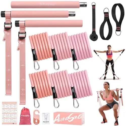 Barra de Pilates, ALongSong Barra Pilates Hecha de Hierro con 4/6 Bandas Elástica de Resistencia de 20-180LBS / 30-240LBS / 50-360LBS, Fitness en Casa para Mujer