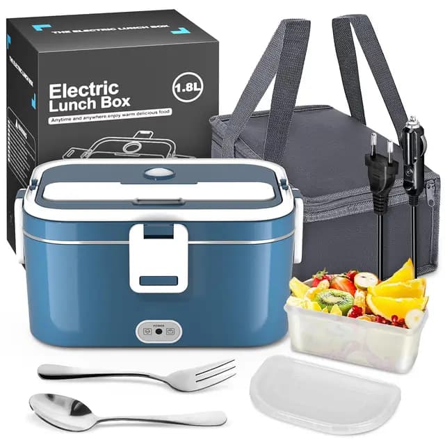 120W Fiambrera Eléctrica Comida Trabajo Portátil 1.8L 12V/24V/240V Lonchera Termica Inoxidable 3 en 1 Calentadora de Alimentos para Coche Oficina Coche y Camión, Calienta Comida