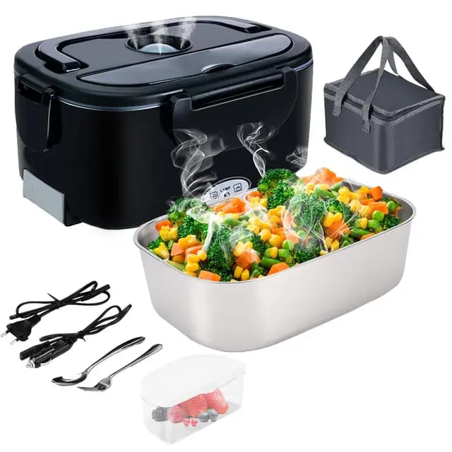 Fiambrera Electrica 4 en 1 12V/24V/220V~240V Calentador de Comida Portatil con Termo para Coche Camión y Trabajo 1.5L 60W en Acero Inoxidable con Tartera Bolsa Térmica y Juego de Cubiertos