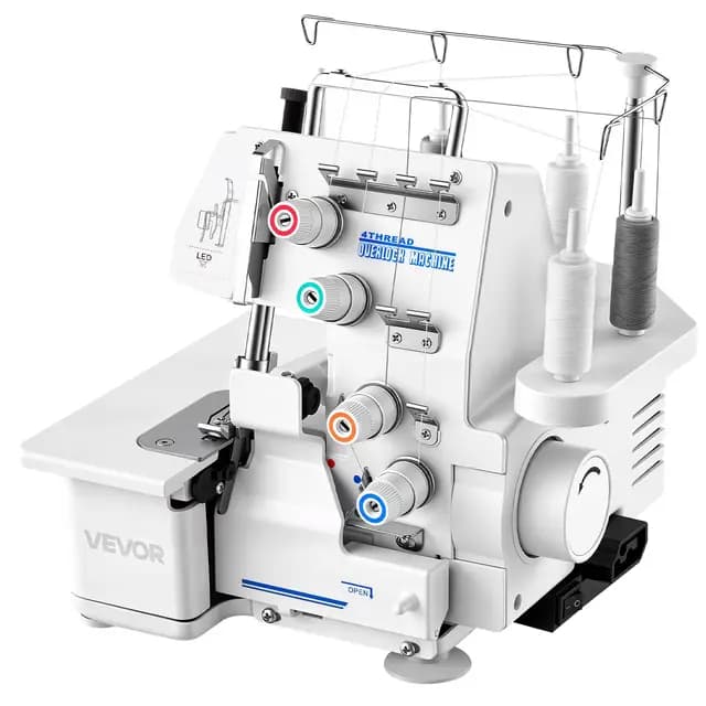 VEVOR Máquina de Coser Overlock, 1250 Puntadas por Minuto, Compatible con 3 y 4 Hilos, con Luz LED y Pies de Succión Fuertes, con Marco de Metal para Varios Tejidos, Blanco, 260 x 270 x 270 mm