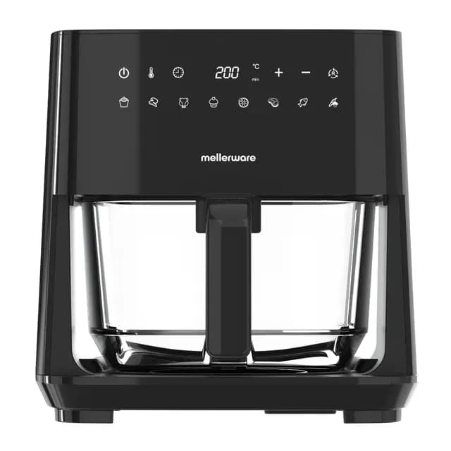 MELLERWARE - Freidora de Aire Crunchy Glass 1450W | Cestillo Cristal 4,5L | 9 Programas + Precalentar | Pantalla Táctil | Temp 80-200ºC | Temporizador 60 min | Apta Lavavajillas