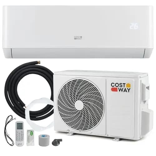 COSTWAY Aire Acondicionado Split, 3,4 kW,Aire Acondicionado Inverter con Calefacción con Bomba de Calor,Refrigerante: R32,Calefactor y Refrigerador con Kit de Montaje para Habitación 70m³(12000BTU)