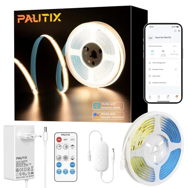 PAUTIX WIFI COB LED Tira Blanco Cálido 2700K 5M,480LEDs/M Regulable 24V LED Tira Flexible CRI90+ Brillo,Inteligente Función con Alexa,RF Remoto y Alimentación para decoración del Hogar de Bricolaje