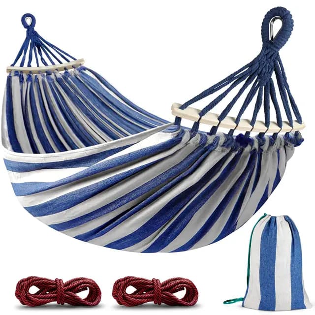 Hamacas Colgantes, Hamaca Jardin Exterior con Travesaño und Bolsa de Transporte, 275 x 155 cm, Capacidad de Carga de 250 kg, Tela Cómoda & Fácil de Montar Azúl & Blanco