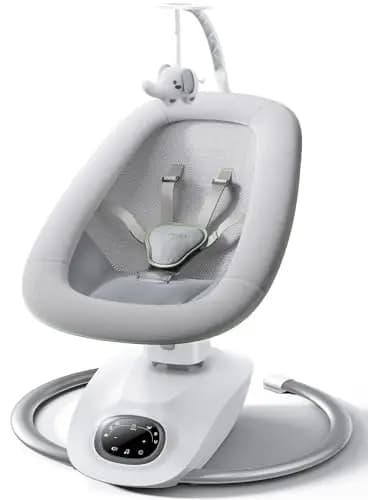 Momcozy CocoSway Hamaca Bebe Electrica de hasta 9 kg, Mecedora Bebe con Asiento Giratorio de 180°, 6 Modos y 4 Velocidades de Balanceo,Control Remoto, Arnés de 5 Puntos, 8 Cunas