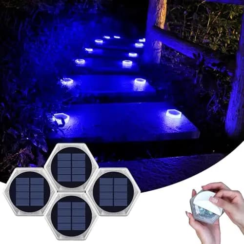 YiLaie Luces Solares Crepusculares Exterior Jardín 20 LED, 10cm Baliza Solar Suelo Hexagonal Adhesiva Iluminación 360°, IP68 Impermeable para Camino, Parking, Escalera, Acera, Azul (4 Pack)