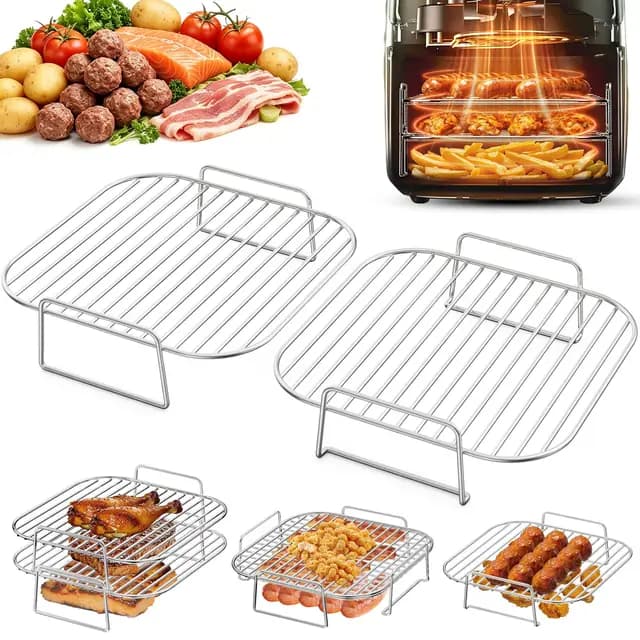Rejilla para Freidora de Aire, 2 Piezas Accesorios Airfryer Apilable, 304 Acero Inoxidable Air Fryer Rack para Cosori 5,5L/6L/6,4L, Ninja 6,2 L, Philips 7,2L otras cuadradas 5-8L Air Fryer