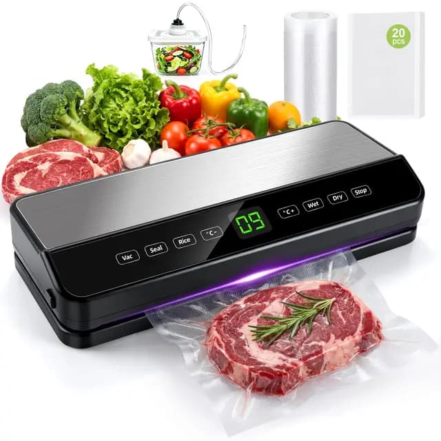 Maquina vacio alimentos, Automático Envasadora al Vacio para alimentos secos/húmedos, Embasadoras vacio con cortador incorporado, 20 Pcs & 1 rollo de bolsas de vacío y Tubo de Vacío