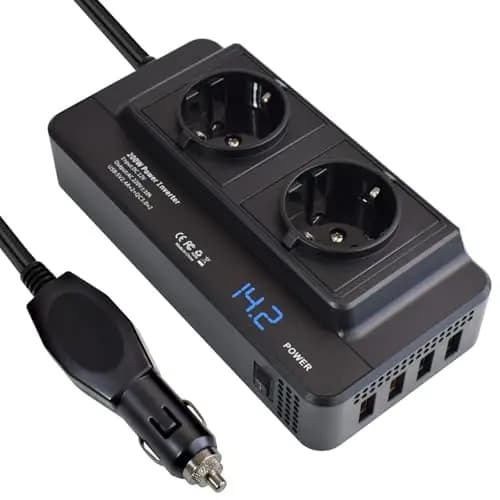 Inversor de Corriente 200W Convertidor Transformador 12V a 220V Onda Modificada Cargador Adaptador Mechero Coche a Enchufe con 2 AC Salidas, 4 Puertos USB y Pantalla Digital