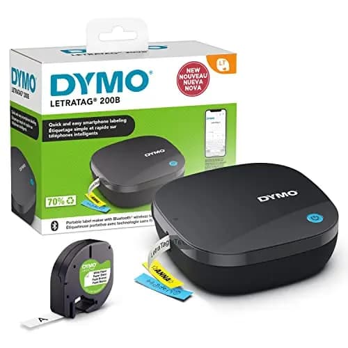 DYMO Etiquetadora LetraTag 200B Bluetooth, Impresora de etiquetas compacta |Se conecta mediante tecnología inalámbrica Bluetooth a iOS y Android , Incluye 1 cinta de etiqueta de papel blanco