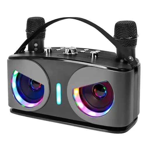 Máquina de Karaoke, con 2 Micrófonos Inalámbricos, Bluetooth 5.3 Sistema de Karaoke Portátil con Luces LED para Fiesta en Casa, al Aire Libre y Boda, Soporta TWS/TF Card/USB/AUX (Negro)
