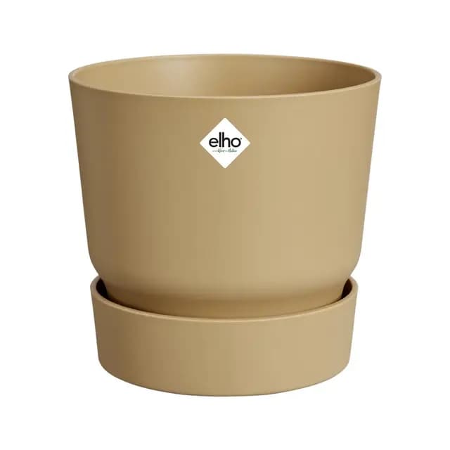 Elho Greenville Round 25 - Macetero por Exterior - 100% Plástico Reciclado - Ø 24.5 x H 23.3 cm - Beige/Arena Dorada