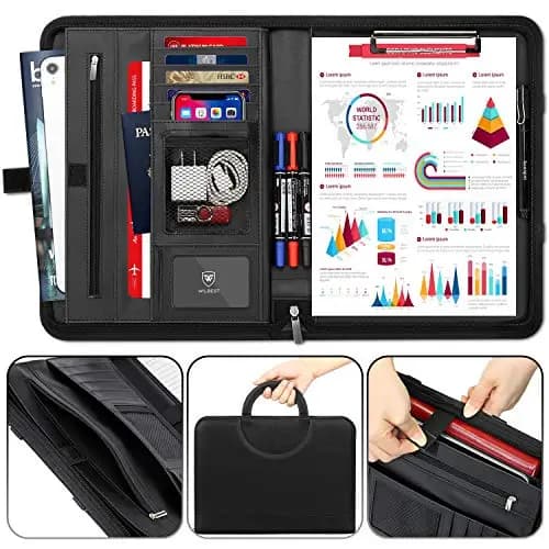 Carpeta de Conferencia, A4 Portadocumento Piel, Portafolio con Cremallera - Doble Asas Magnéticas, 5 Ranuras para Tarjeta, Compartimento para Tablet, 34 x 25 cm - Negro