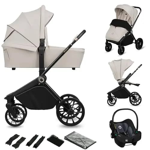 LIONELO MIKA PLUS 3 en 1 Silla de Paseo Bebe 0-48 meses a 22 kg Capazo hasta 9 kg Silla de Coche Portabebés hasta 13 kg, Respaldo Ajustable, Suspensión, Ruedas 360° Capota XXL Carrito de Bebe (Beige)