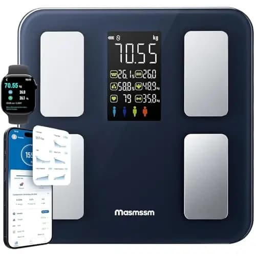 Báscula de Baño Digital, Báscula Grasa Corporal y Muscular con Gran Pantalla, 22 Métricas con IMC, Ritmo Cardíaco, Compatible con iOS y Android