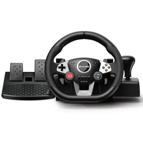 VooFun Volante PC y Pedales, Volante Gaming de 270° Compatible con PC/ PS4/ Switch/ PS3/ Xbox One/Xbox 360, Volantes Con Botones Programables, Vibración Feedback, Negro