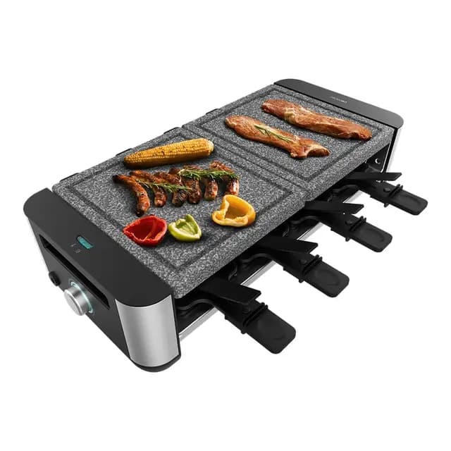 Cecotec Raclette Cheese&Grill 16000 Inox AllStone, 8 pers, Grill de 1400 W, Termostato regulable, Superficie mixta grill-plancha 40 x 22 cm, Placa de piedra natural, Incluye 8 sartenes y 8 espátulas.