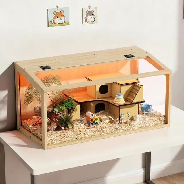BingoPaw Jaula para Hámster, 80x40x40cm Jaula Hamster Madera con Luces LED Integradas y Paredes de Vidrio Templado para Hámsters Enanos Jerbos y Animales Pequeños
