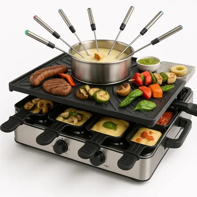 Set de fondue y raclette para 8 personas con sartenes y raspador - Inoxidable y regulable (Set de fondue)