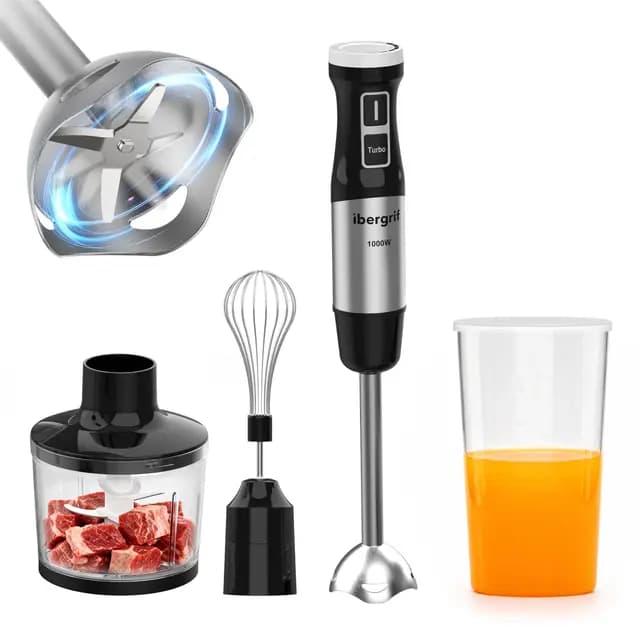 Ibergrif Batidora de Mano 1000W 4 en 1 de Acero Inoxidable para Uso Diario con Control de Velocidad Progresivo Botón Turbo y Accesorios de Cocina