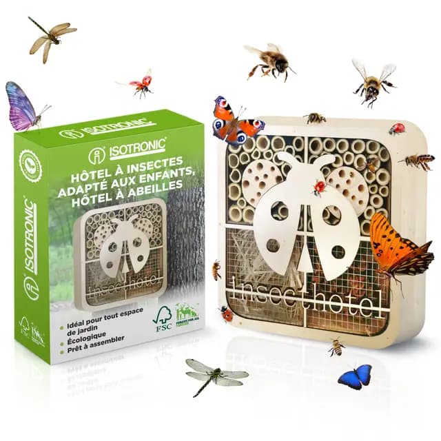 ISOTRONIC Hotel para insectos | Casa de insectos ecológica para mariquitas, abejas y otros insectos en el jardín | Abeja Hotel de madera natural para niños (mariquita)