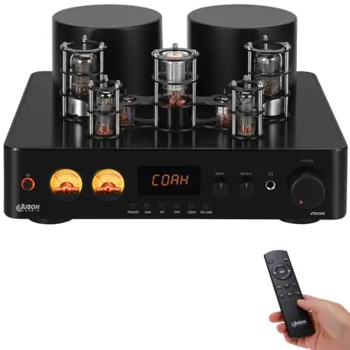 Juson Audio JTA100 - Amplificador de tubo de vacío (200 W, híbrido integrado, con BT 5.0, entrada óptica AUX RCA Phono y salida de auriculares, 2,1 canales, clase AB, HiFi Home Audio para tocadiscos)