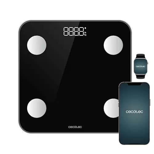 Cecotec Báscula de Baño Inteligente con App Surface Precision Smart. Bluetooth y 24 Parámetros, Tamaño 30x30cm, 4 Sensores, Capacidad Máxima 180kg, Funciona con Pilas